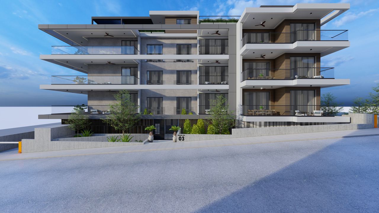 Contemporary four-storey apartment building with wide terraces and glass balustrades