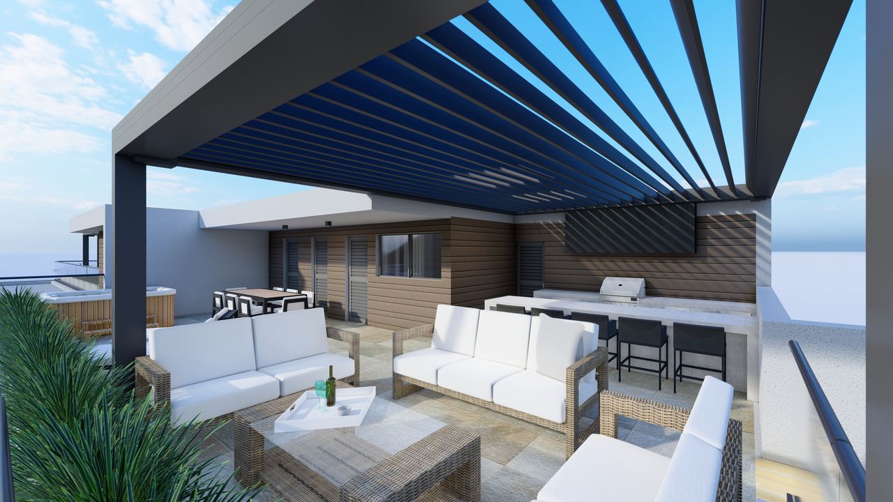 Rooftop terrace of a residential building with a slatted pergola and outdoor seating